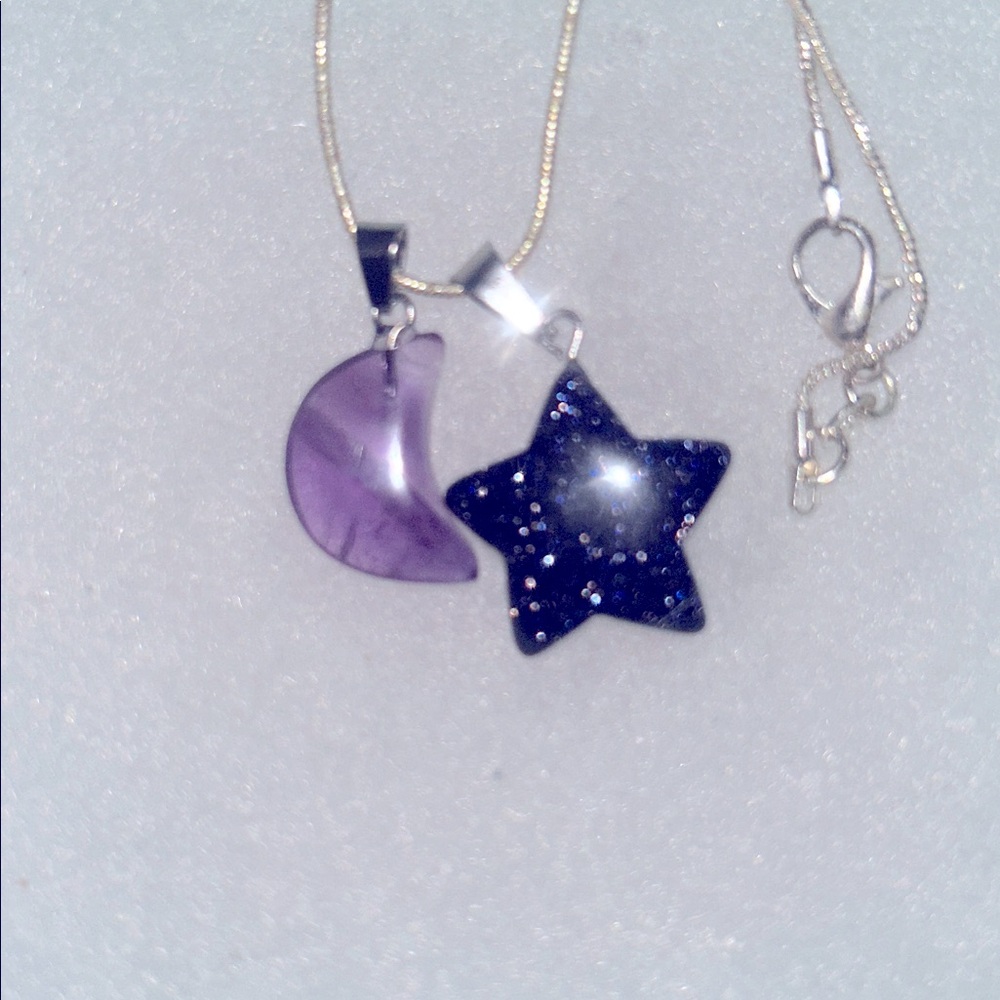 Blue Goldstone Crystal Star ⭐️ and Amethyst Moon 🌙 sterling silver neckl… - Picture 5 of 6